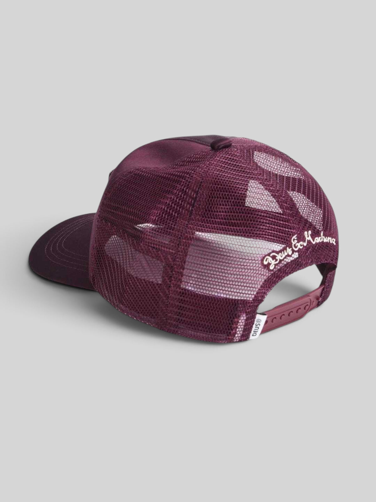 Baffle Haus Paris Shield trucker cap in cabernet red featuring a breathable mesh back and adjustable snapback closure.