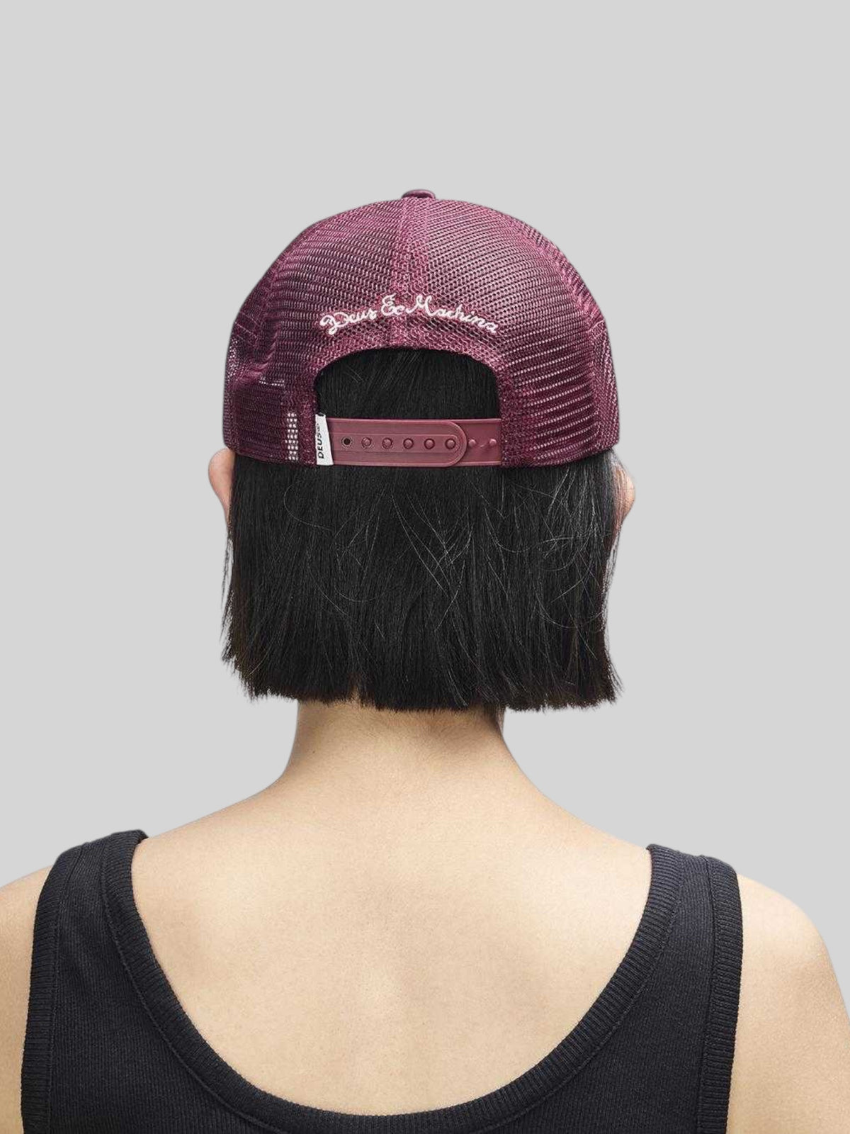 Baffle Haus Paris Shield trucker cap in cabernet red with mesh back, snapback closure, and rear embroidery.