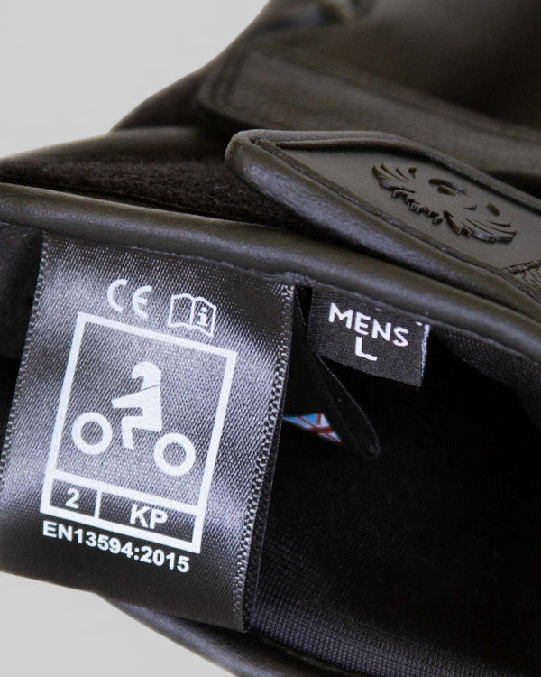 Baffle Haus Calton black leather riding glove showing CE level 2 certification label and size large tag