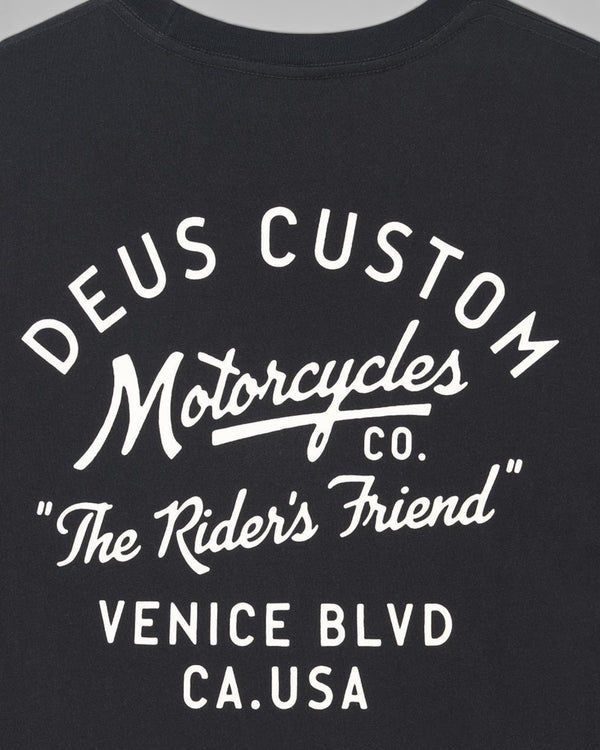 Baffle Haus Camber Tee in black featuring white Deus Custom Motorcycles graphic print on the chest