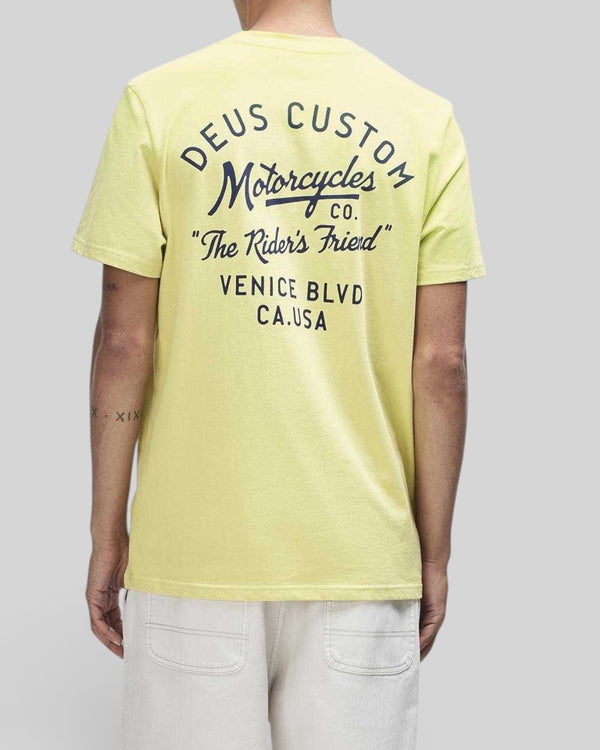 Baffle Haus Camber Tee in canary yellow with black graphic print on the back, made from recycled cotton jersey.