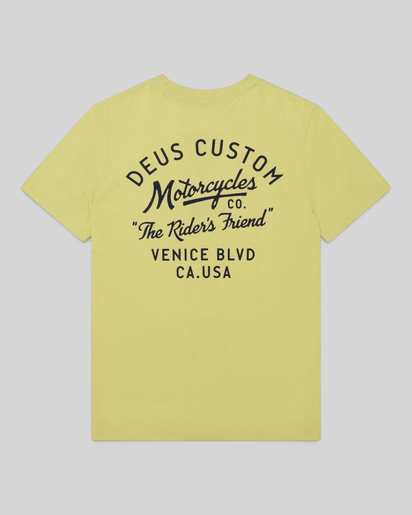 Baffle Haus Camber Tee in canary yellow with black Deus Custom Motorcycles graphic print on the back