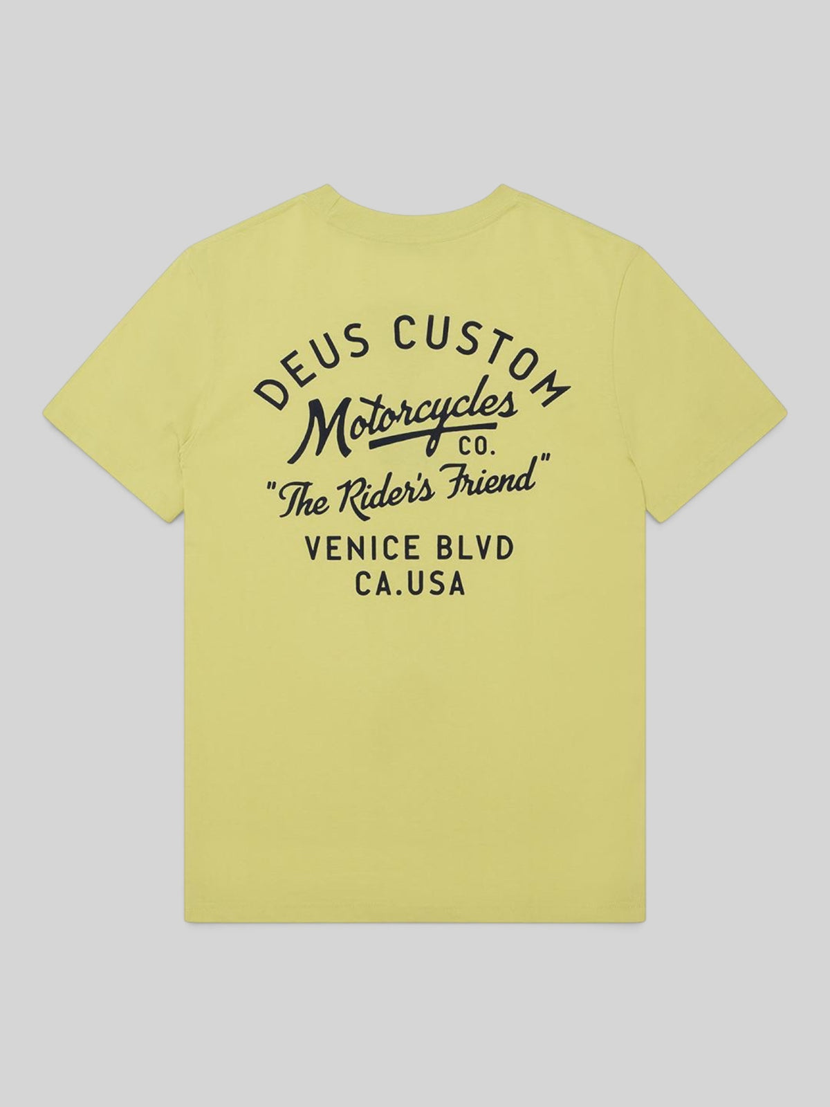 Baffle Haus Camber Tee in canary yellow with black Deus Custom Motorcycles graphic print on the back