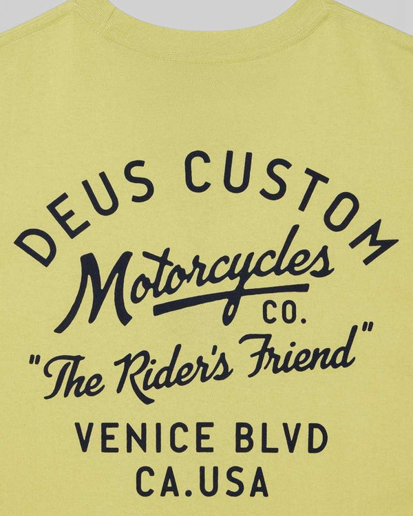 Baffle Haus Camber Tee in canary yellow with black Deus Custom Motorcycles graphic print on the chest