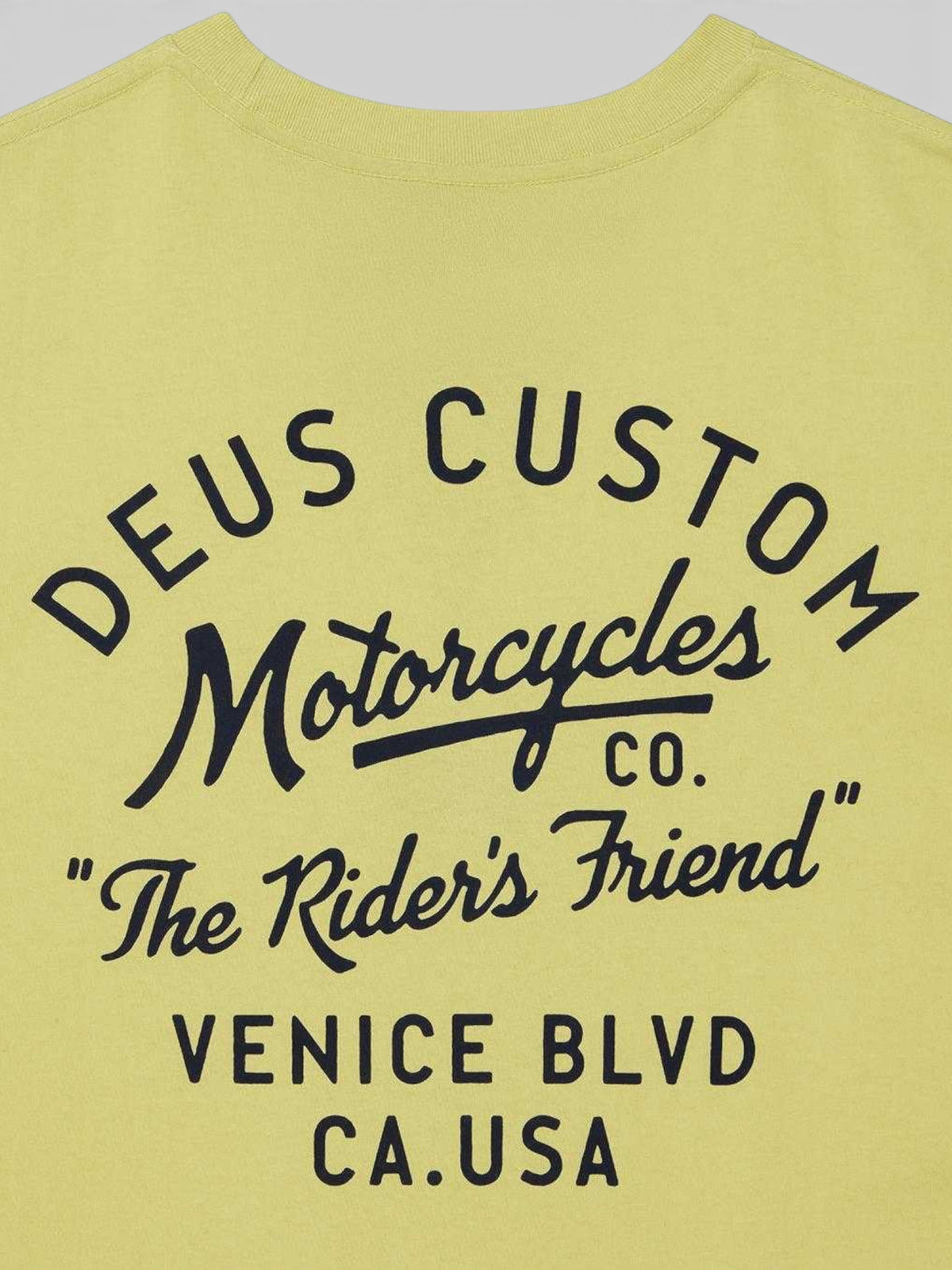 Baffle Haus Camber Tee in canary yellow with black Deus Custom Motorcycles graphic print on the chest