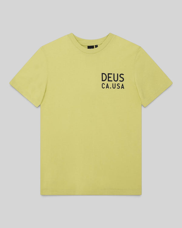 Baffle Haus Camber Tee in canary yellow featuring a black Deus CA.USA chest print on recycled and organic cotton.