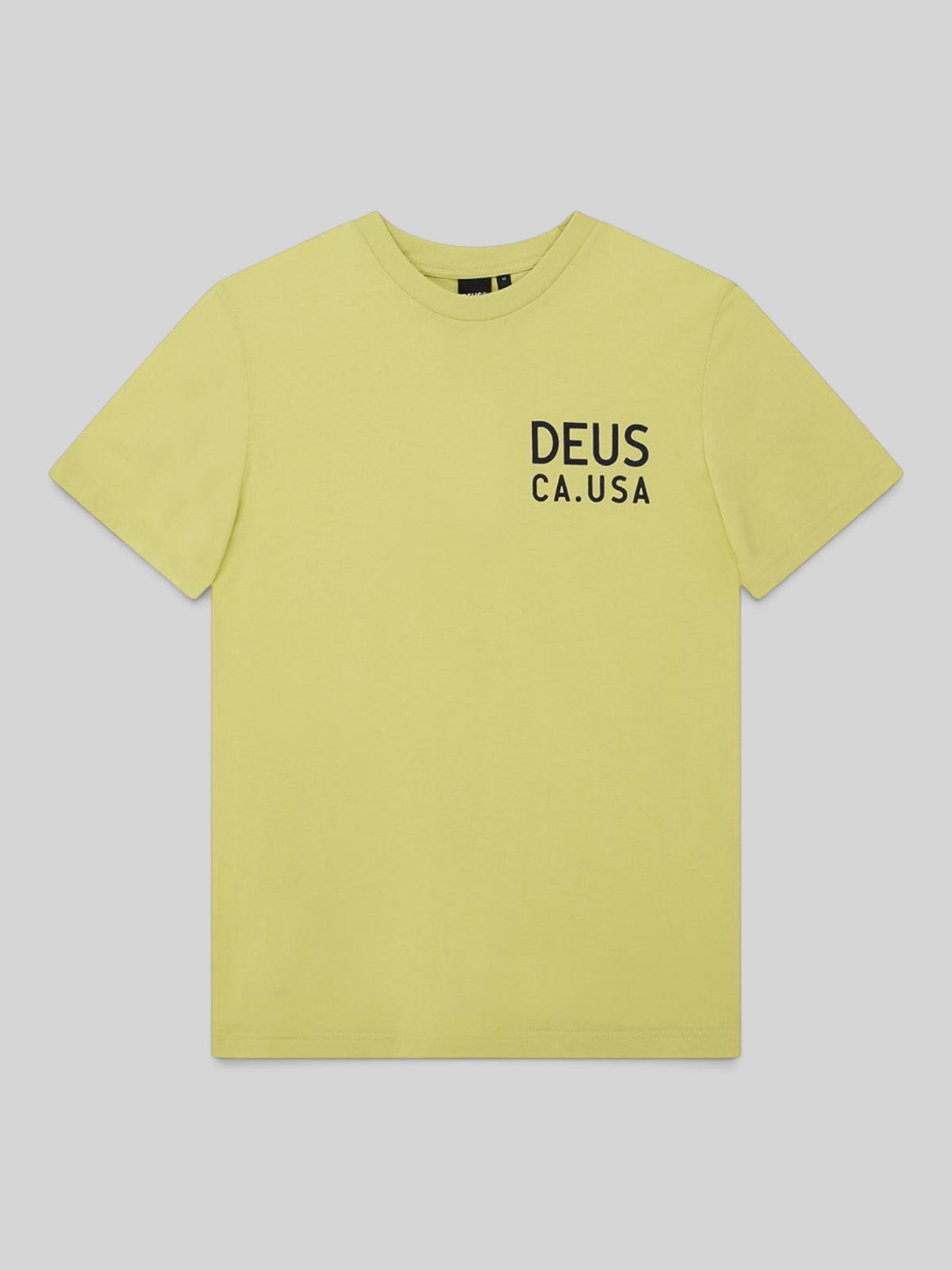 Baffle Haus Camber Tee in canary yellow featuring a black Deus CA.USA chest print on recycled and organic cotton.
