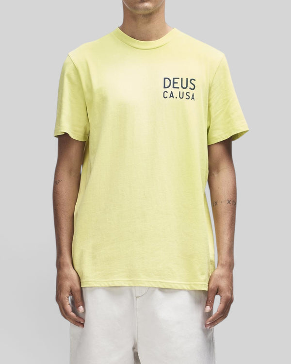 Baffle Haus Camber Tee in canary yellow featuring a black Deus CA.USA chest print on recycled and organic cotton