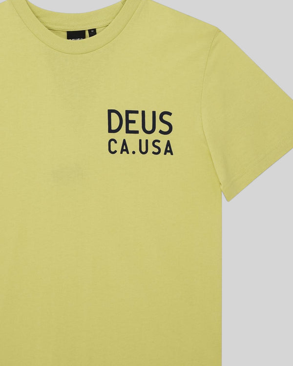 Baffle Haus Camber Tee in canary yellow featuring black Deus CA.USA chest print on organic cotton jersey fabric.