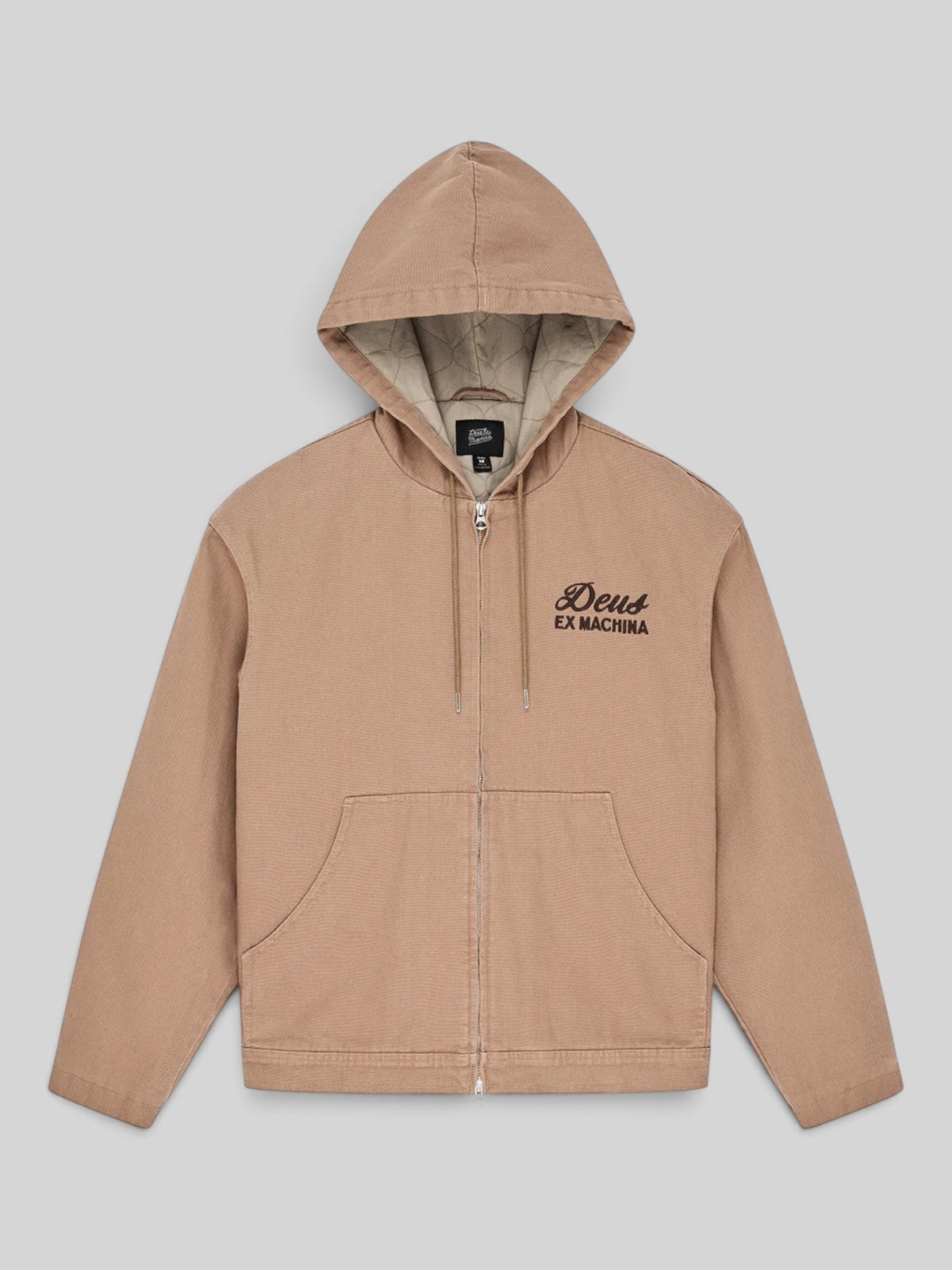 Baffle Haus Harajuku hooded work jacket in camel brown cotton canvas with zip front and embroidered chest logo