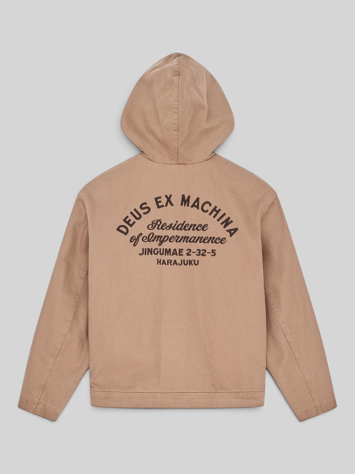 Baffle Haus Harajuku hooded work jacket in camel brown cotton canvas with embroidered back graphic