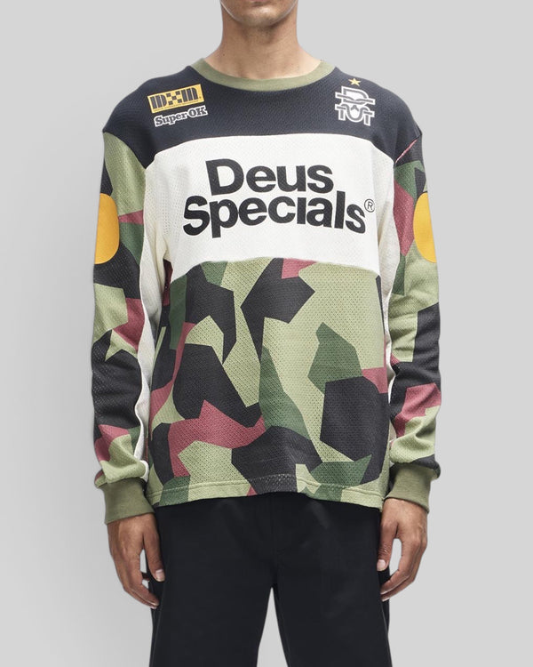 Baffle Haus Colt Ryder oversized moto jersey in camo print with Deus Specials graphic on breathable mesh polyester
