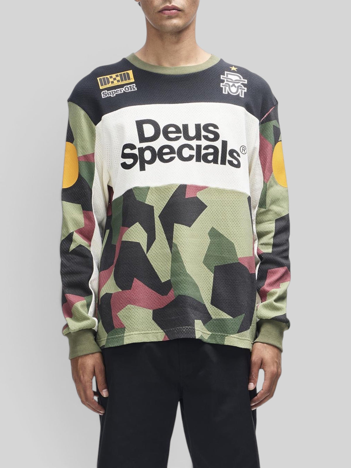 Baffle Haus Colt Ryder oversized moto jersey in camo print with Deus Specials graphic on breathable mesh polyester