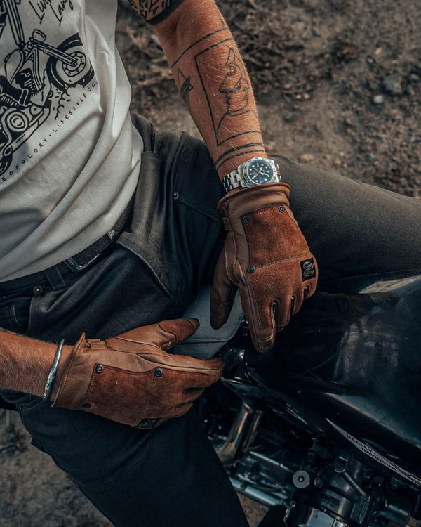 Baffle Haus Age of Glory caramel cowhide leather motorcycle gloves with suede panels and vintage metal rivets