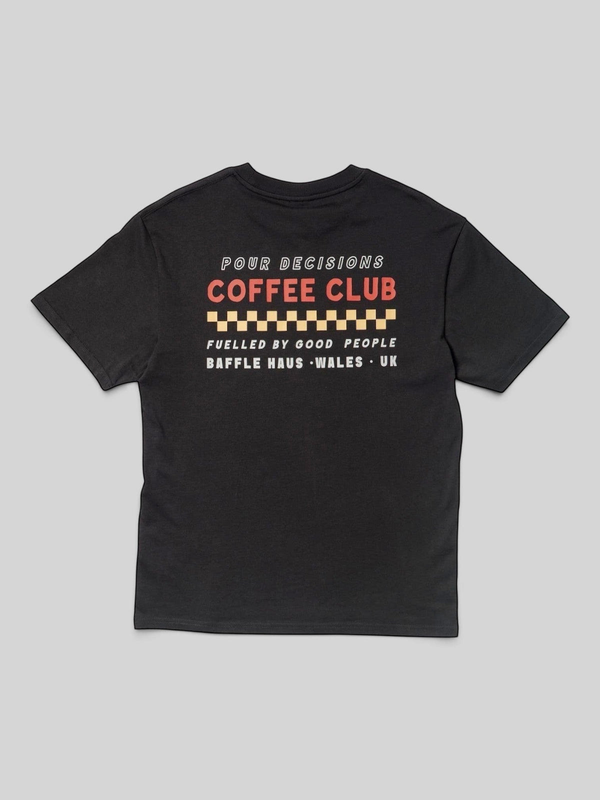 Back view of Baffle Haus Pour Decisions Coffee Club cotton t-shirt in carb grey with graphic print