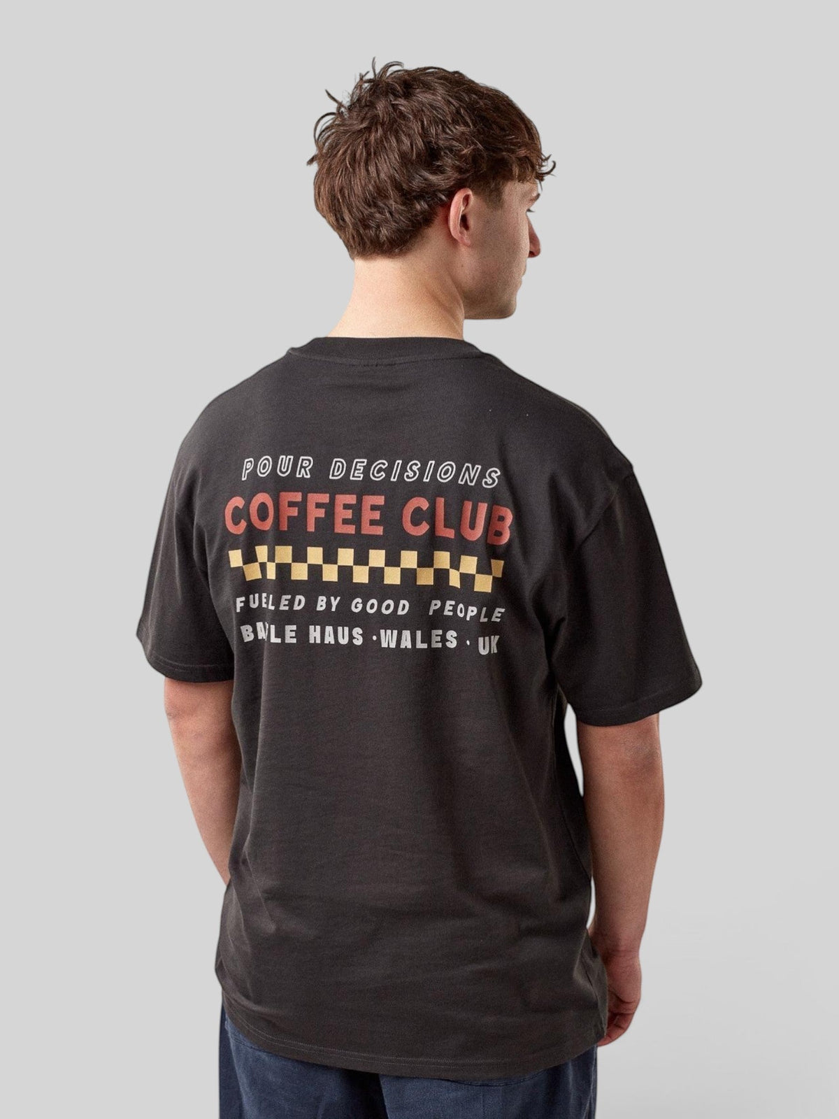 Baffle Haus Pour Decisions Coffee Club t-shirt in carb grey with back graphic print on 100% cotton fabric