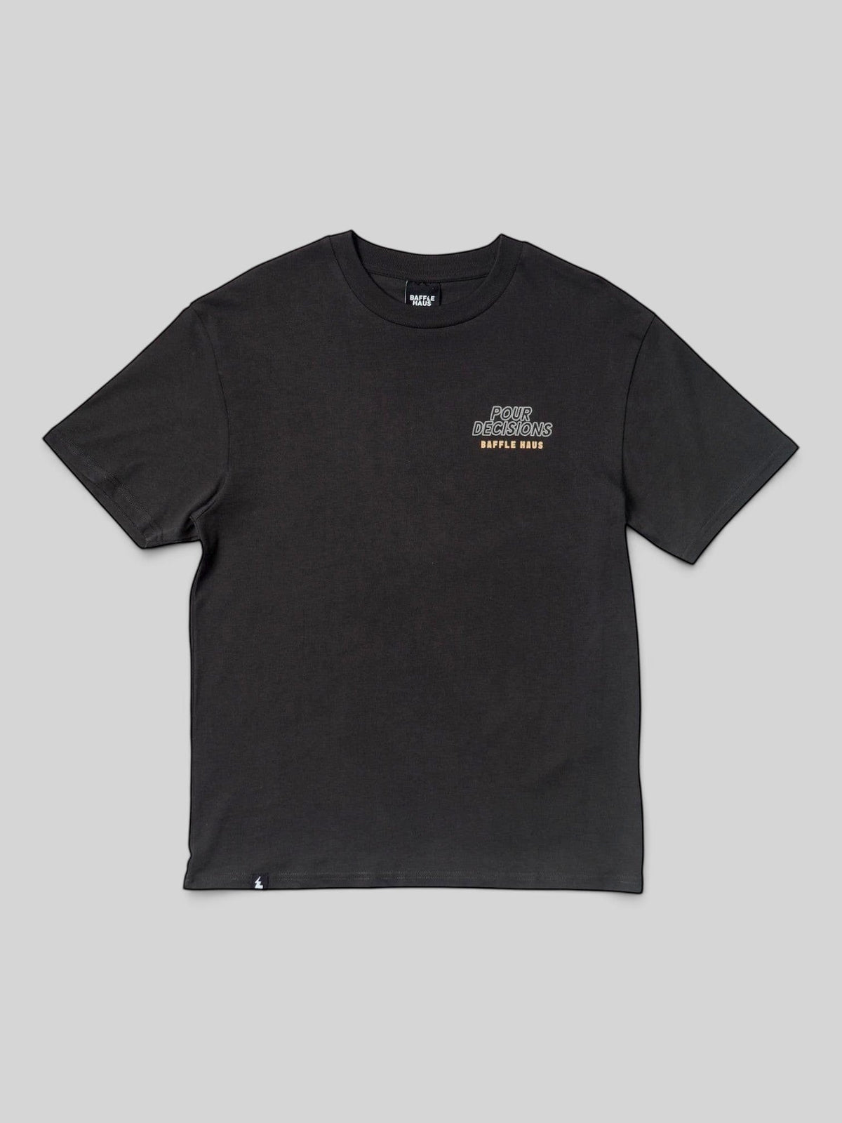 Baffle Haus Pour Decisions Coffee Club t-shirt in carb grey cotton with a small chest graphic