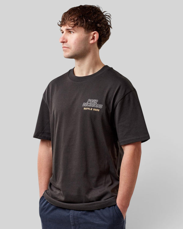 Baffle Haus Pour Decisions Coffee Club t-shirt in carb grey, made from 100% cotton with a graphic chest print.