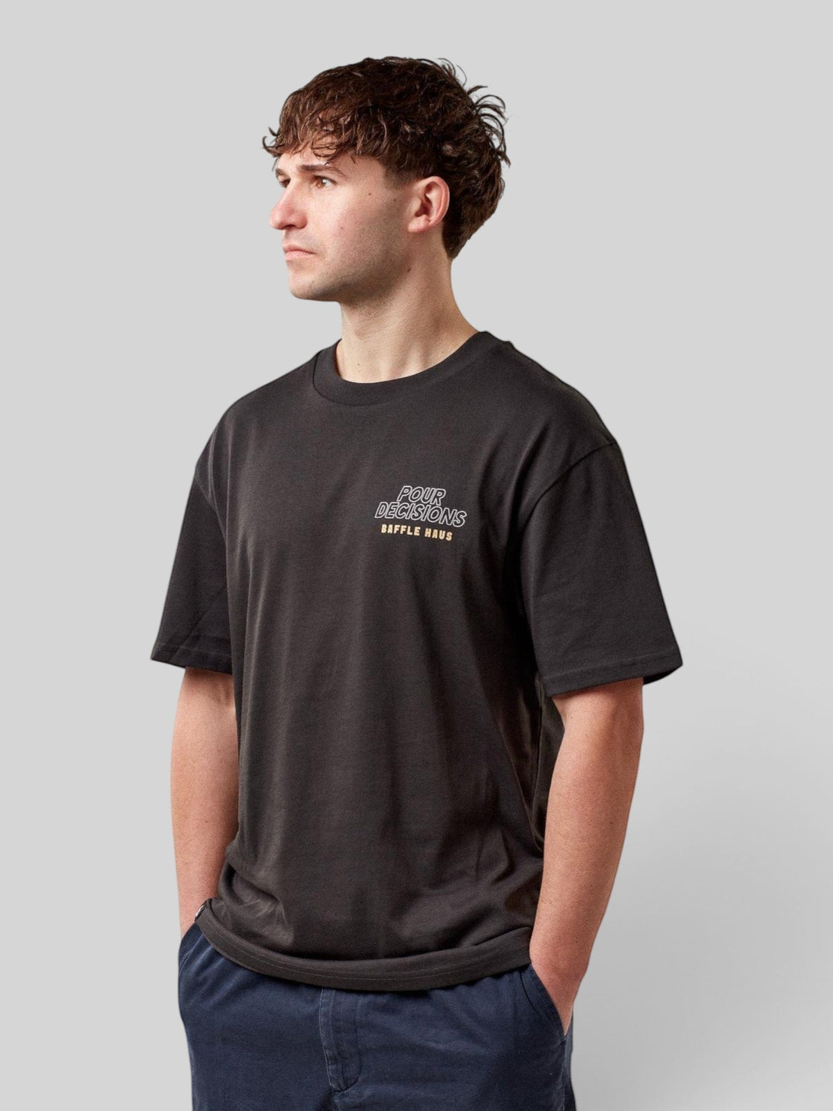 Baffle Haus Pour Decisions Coffee Club t-shirt in carb grey, made from 100% cotton with a graphic chest print.
