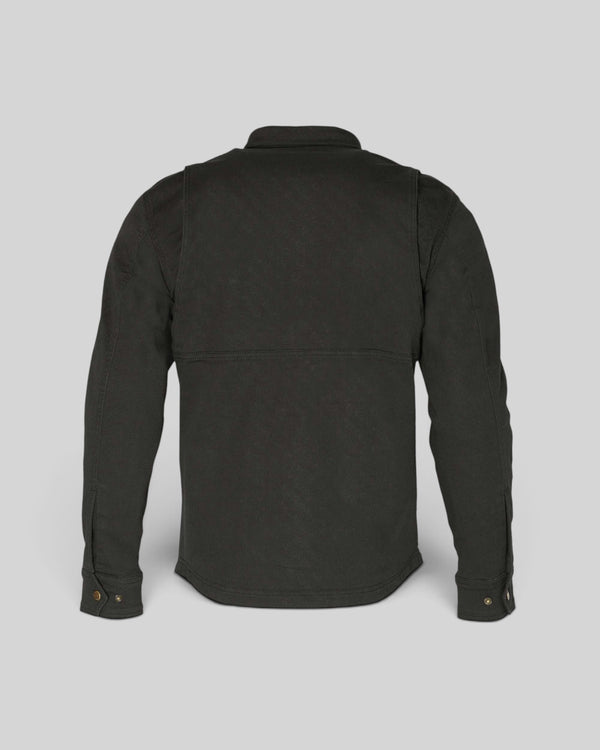 Back view of the black Baffle Haus Carter S/Layer shirt featuring a durable cotton construction and button cuffs.