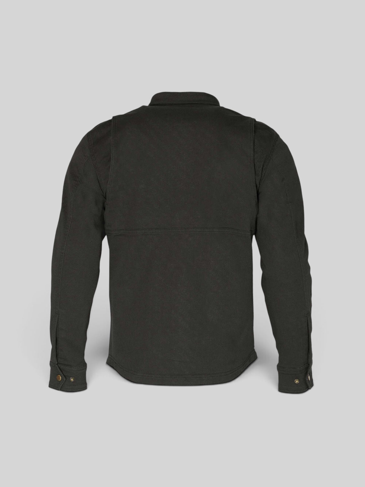 Back view of the black Baffle Haus Carter S/Layer shirt featuring a durable cotton construction and button cuffs.