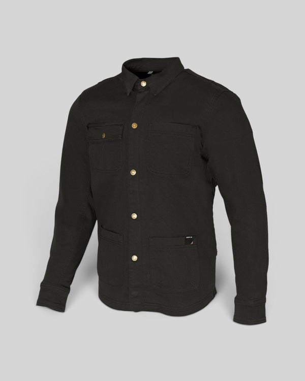 Baffle Haus Carter black long-sleeve shirt with gold buttons and four front pockets on a light grey background.