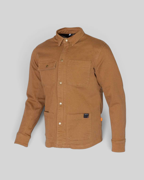 Baffle Haus Carter S/Layer camel cotton motorcycle shirt with four patch pockets and antique brass snap buttons.