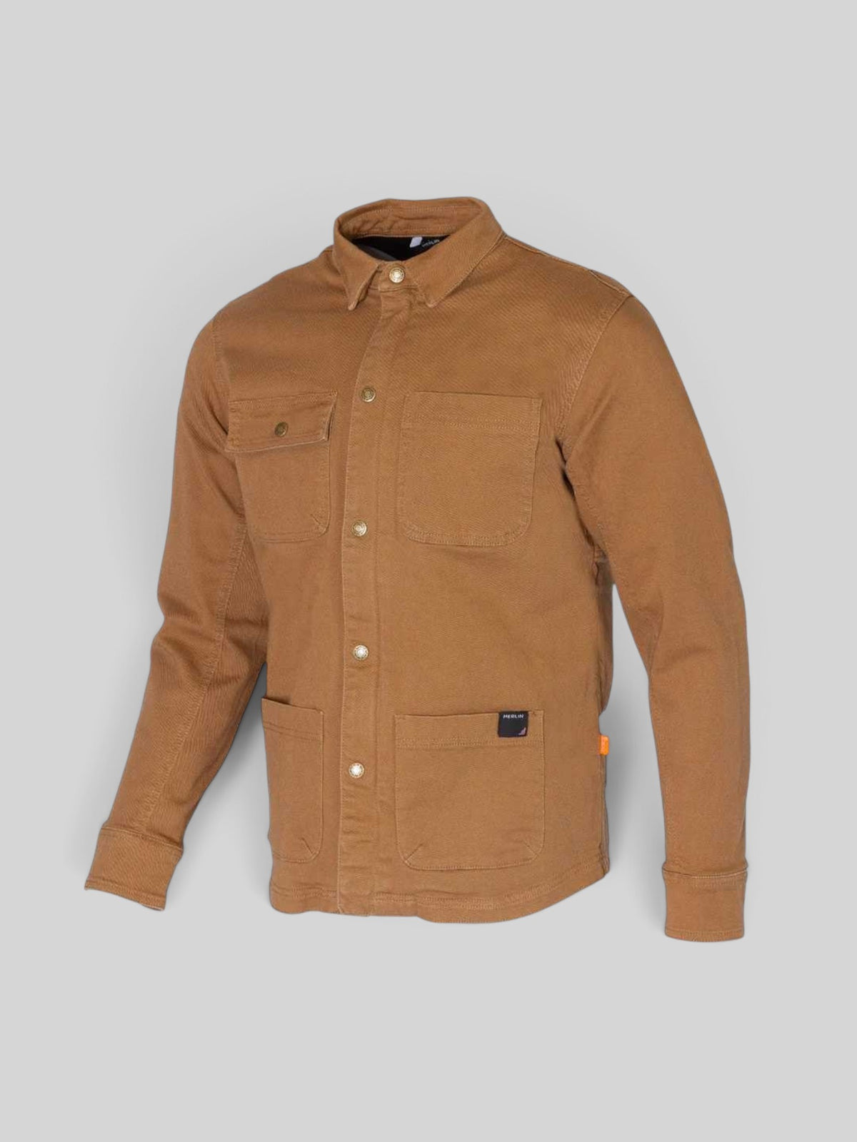 Baffle Haus Carter S/Layer camel cotton motorcycle shirt with four patch pockets and antique brass snap buttons.