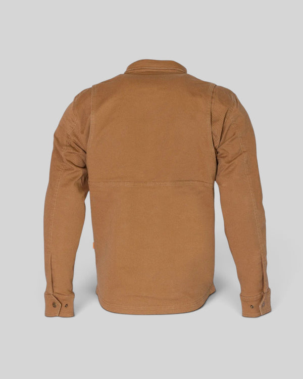 Baffle Haus Carter S/Layer shirt in camel stretch cotton twill, back view showing shoulder panels and workwear style