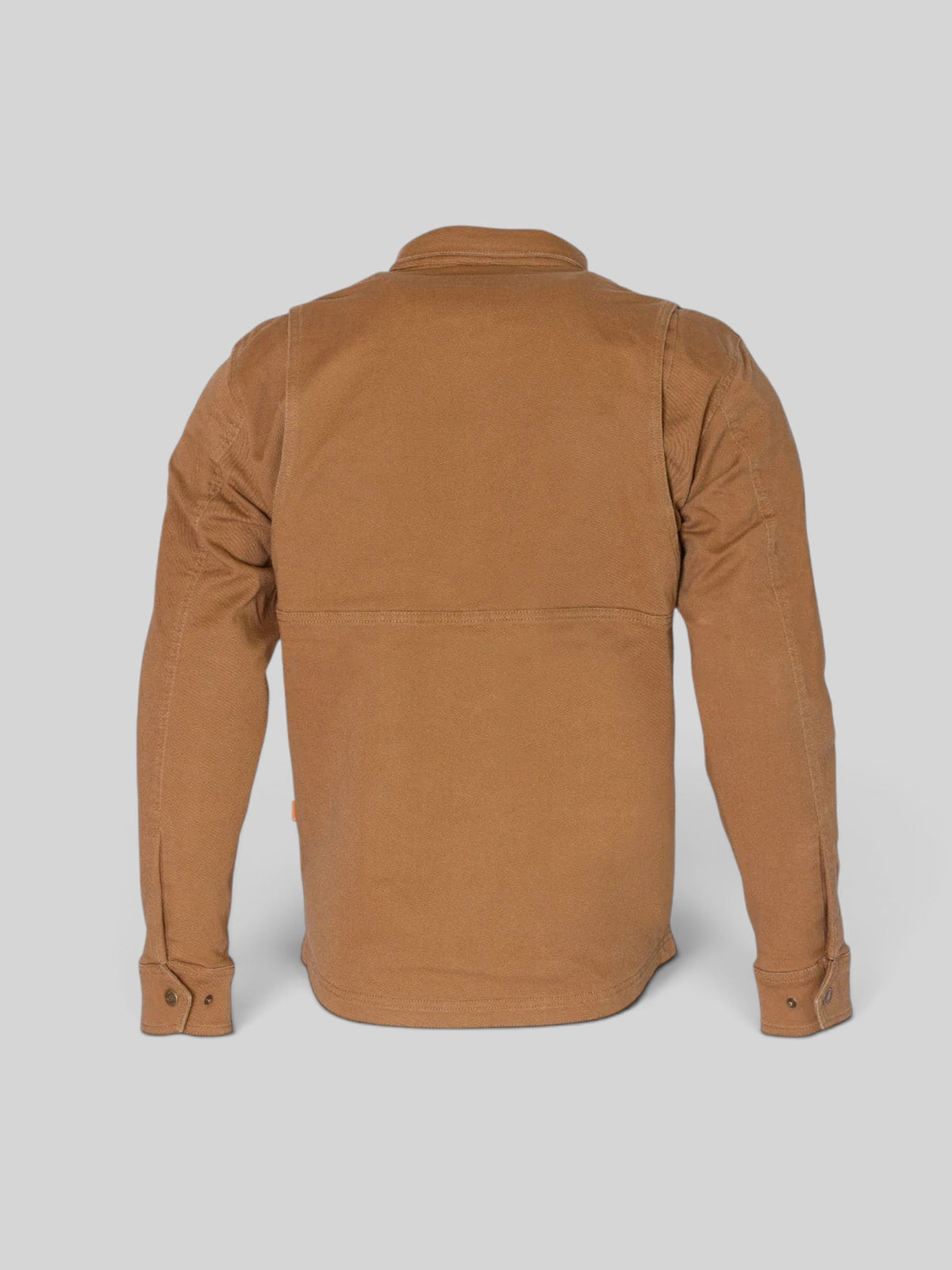 Baffle Haus Carter S/Layer shirt in camel stretch cotton twill, back view showing shoulder panels and workwear style