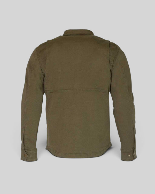 Baffle Haus Carter S/Layer green motorcycle shirt viewed from the back, featuring stretch cotton and snap cuffs.
