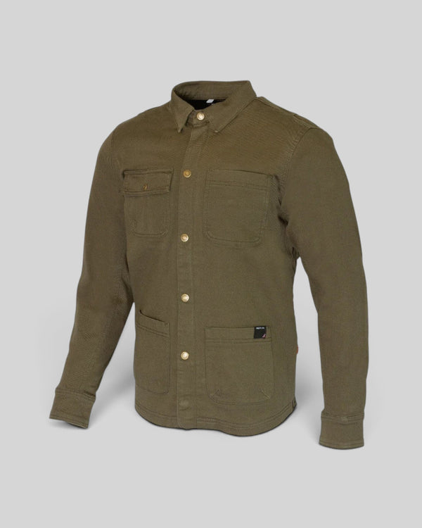 Baffle Haus green Carter motorcycle shirt featuring four patch pockets, antique brass snap buttons, and stretch cotton.