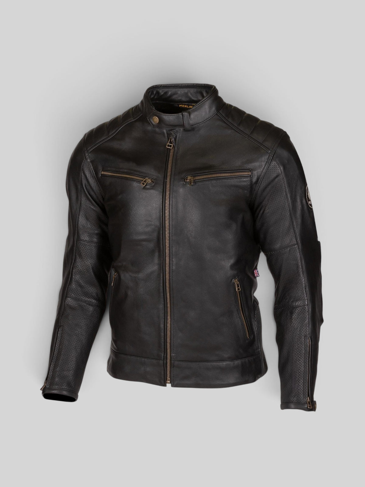 Baffle Haus Chase D30 black cowhide leather motorcycle jacket with perforated panels and antique brass zippers.