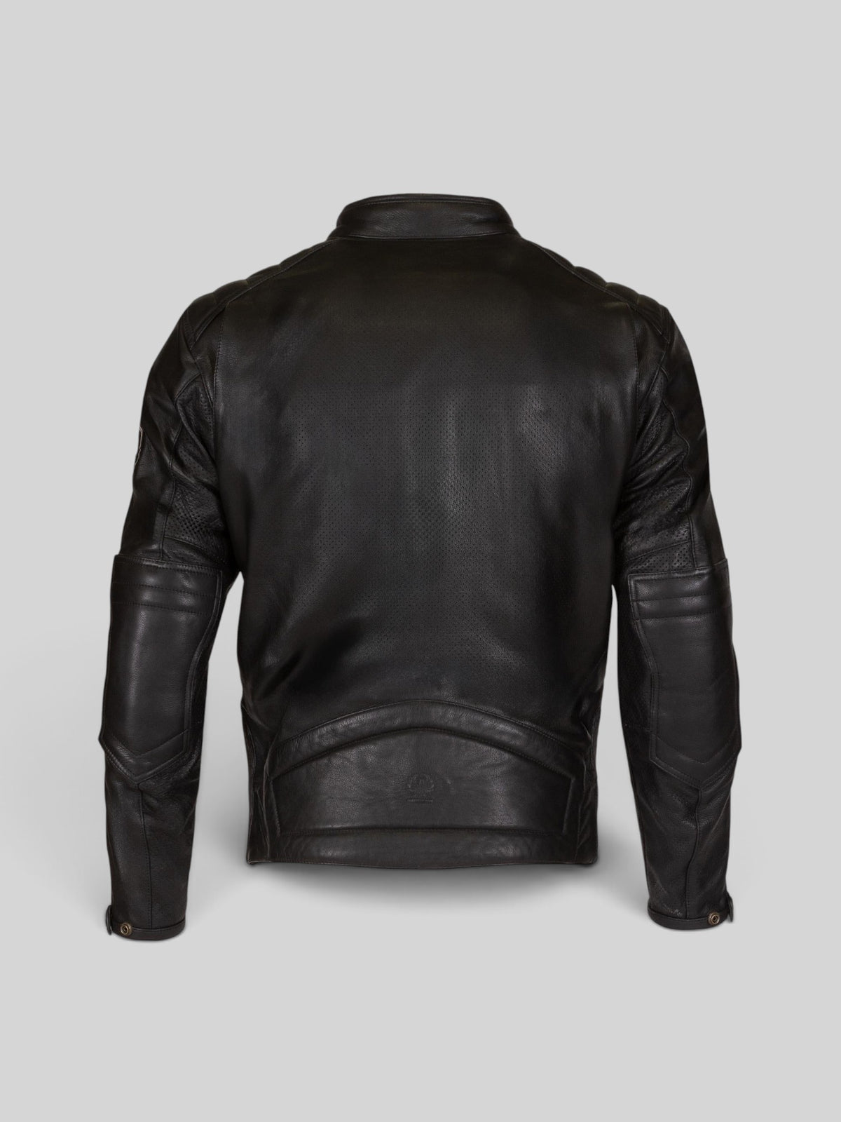 Back view of the Baffle Haus Chase D30 black cowhide leather motorcycle jacket with perforated panels.