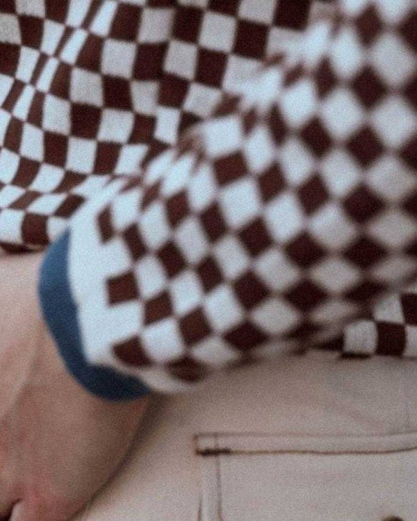 Baffle Haus vintage racing jumper in coffee brown and cream checkerboard knit with ribbed cuffs