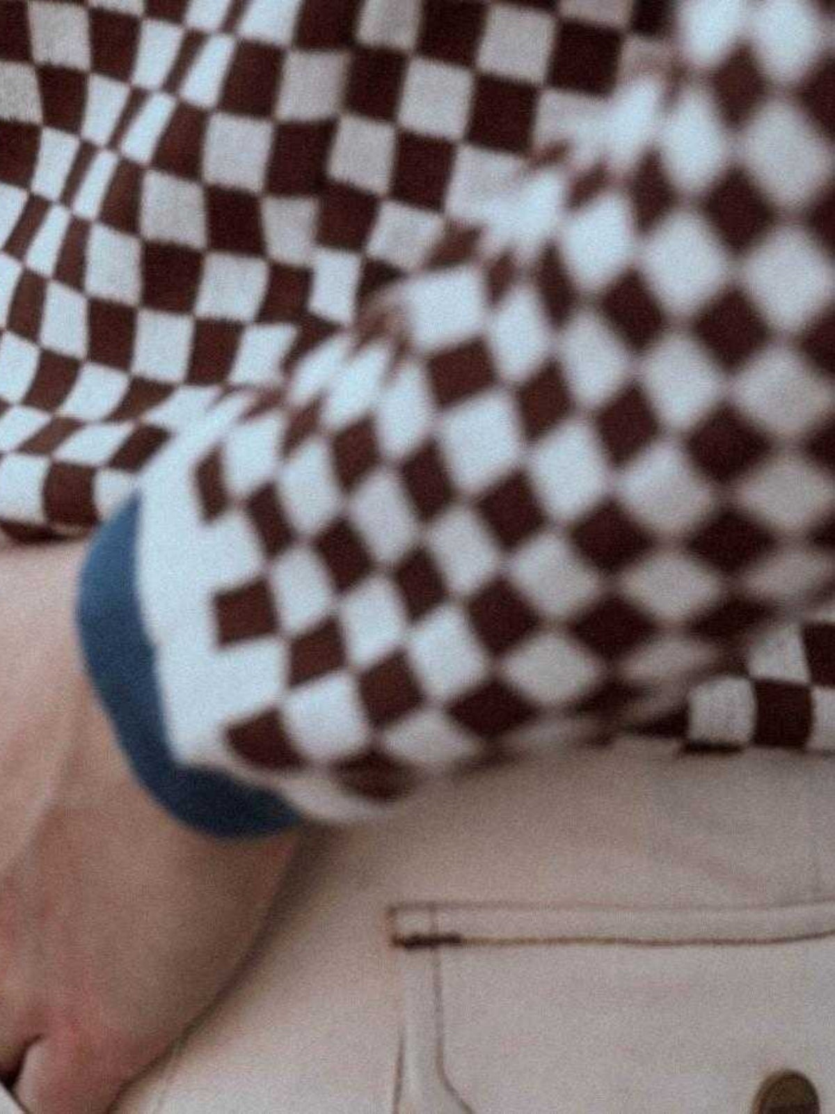 Baffle Haus vintage racing jumper in coffee brown and cream checkerboard knit with ribbed cuffs