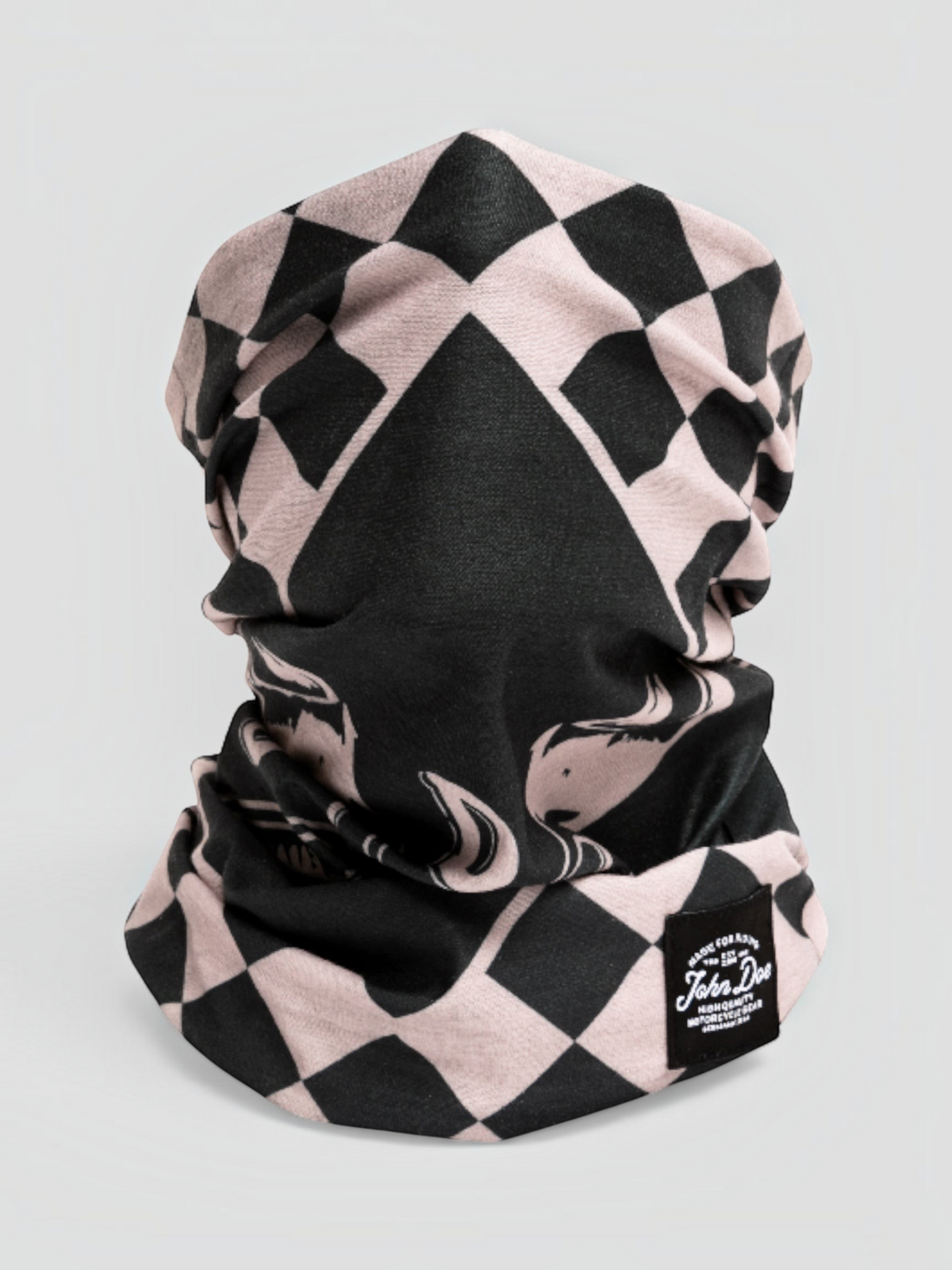 Baffle Haus John Doe neck tube featuring a black and light pink checkered flag pattern in breathable microfiber