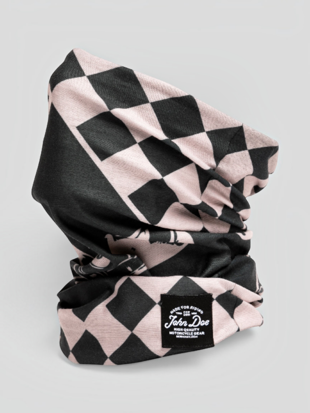 Baffle Haus John Doe neck tube featuring a black and white checkered flag pattern in breathable technical microfiber.