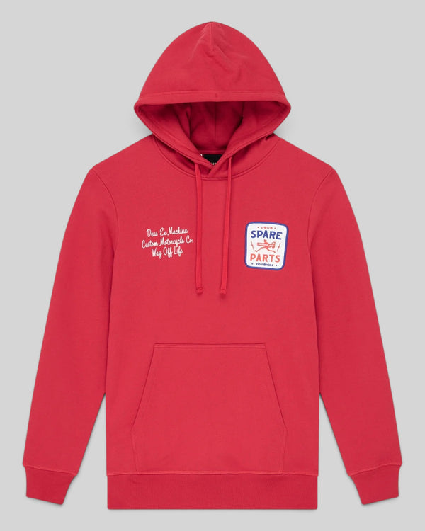 Baffle Haus cherry red organic cotton hoodie with embroidered chest art, kangaroo pocket, and drawstring hood.