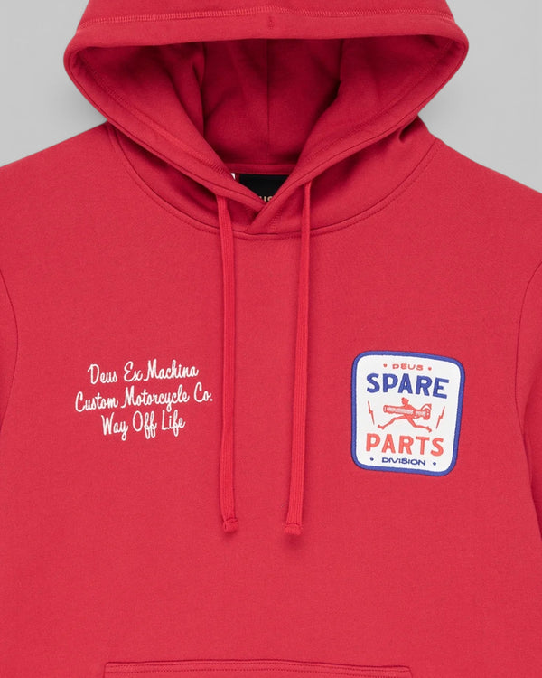 Baffle Haus Mudflap cherry red organic cotton hoodie with embroidered chest art and kangaroo pocket