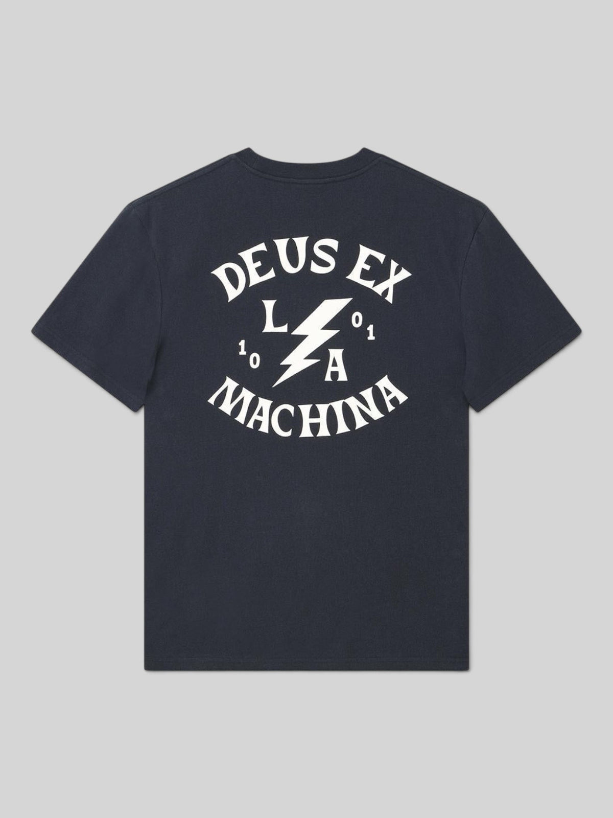 Baffle Haus black Chinook t-shirt with white Deus Ex Machina lightning bolt graphic print on the back