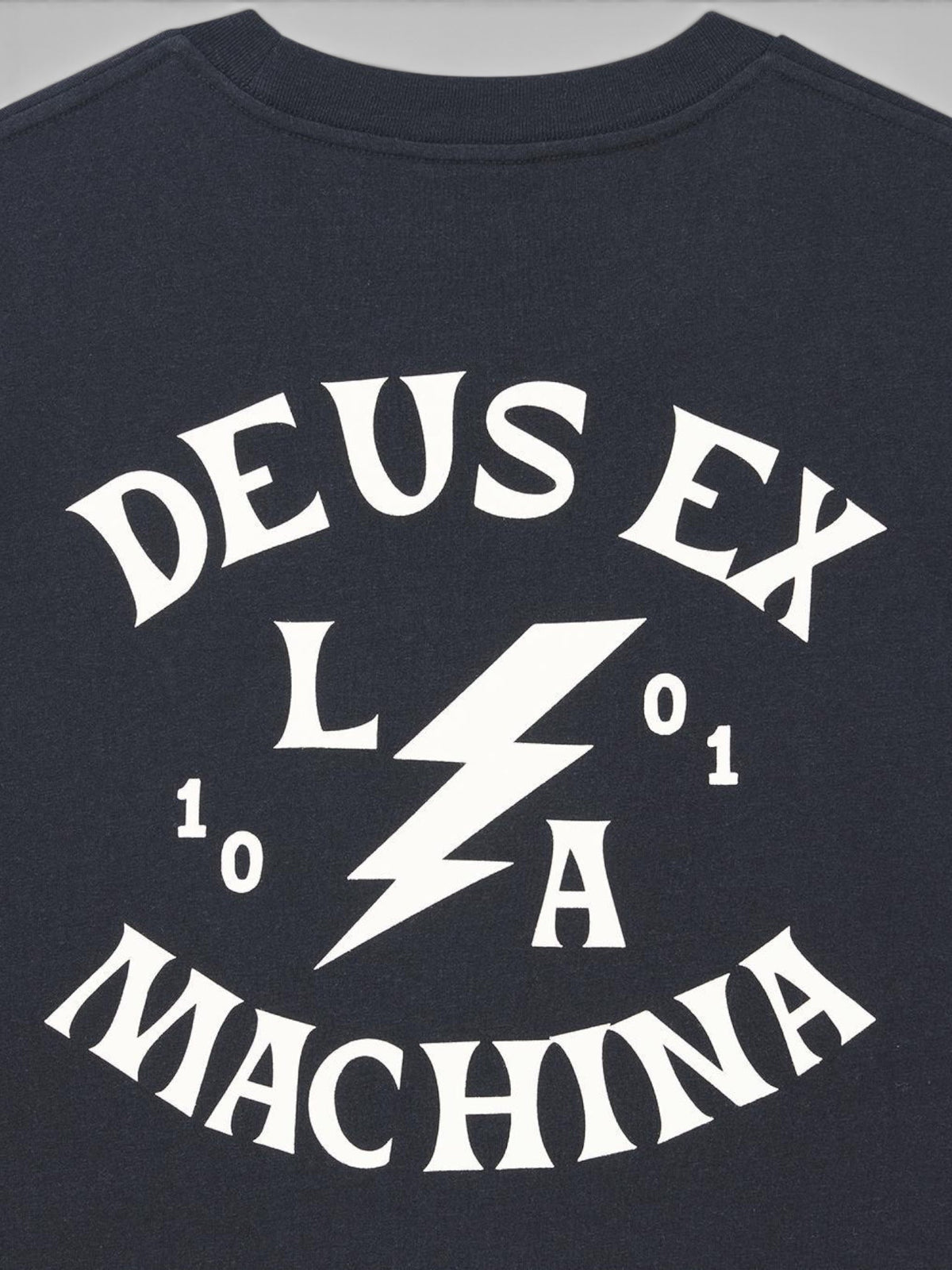 Baffle Haus Chinook black recycled cotton t-shirt featuring white Deus Ex Machina lightning bolt graphic print
