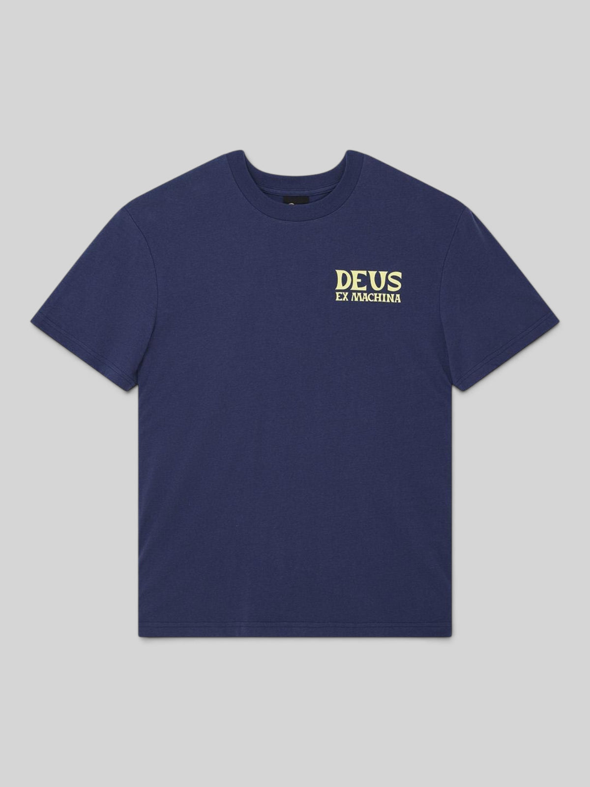 Baffle Haus Chinook box fit t-shirt in mechanic blue with yellow Deus Ex Machina chest logo print