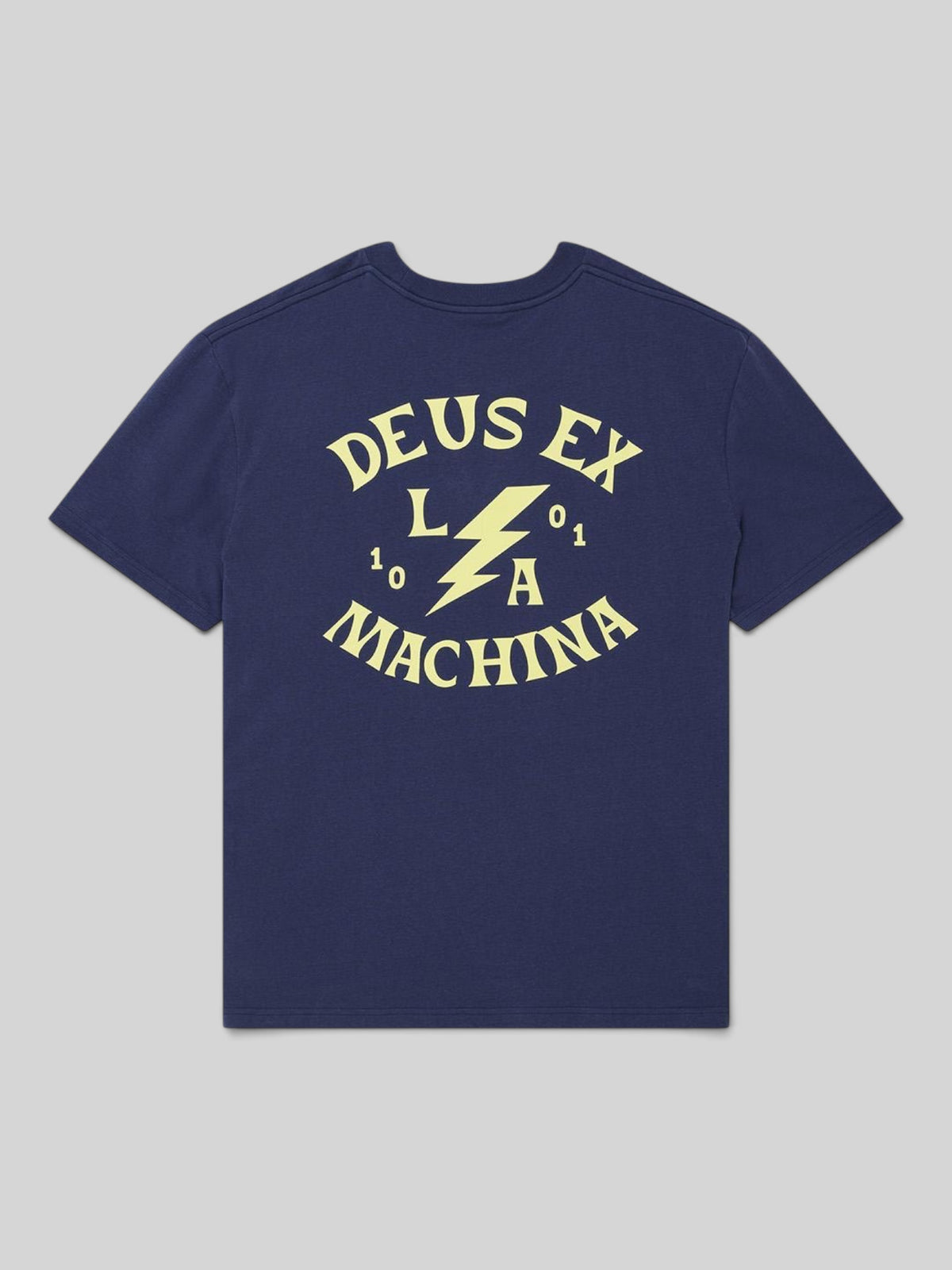 Baffle Haus Chinook box fit t-shirt in mechanic blue with cream Deus Ex Machina graphic print on the back
