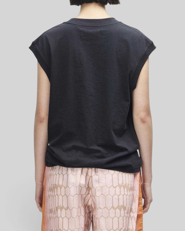 Back view of Baffle Haus Christine black cap sleeve tank top in recycled cotton blend with ribbed neck and arm holes.