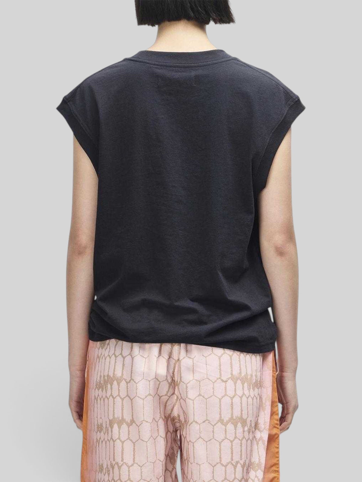 Back view of Baffle Haus Christine black cap sleeve tank top in recycled cotton blend with ribbed neck and arm holes.