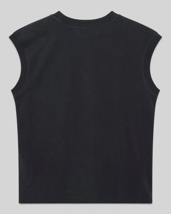Baffle Haus Christine black cap sleeve tank top in a lightweight recycled cotton blend with ribbed trim