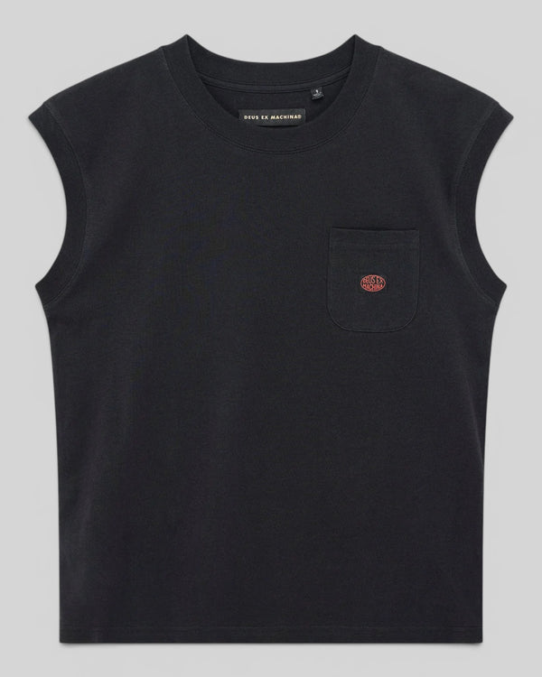 Baffle Haus Christine black cap sleeve tank top with a chest pocket and ribbed neckline in recycled cotton blend