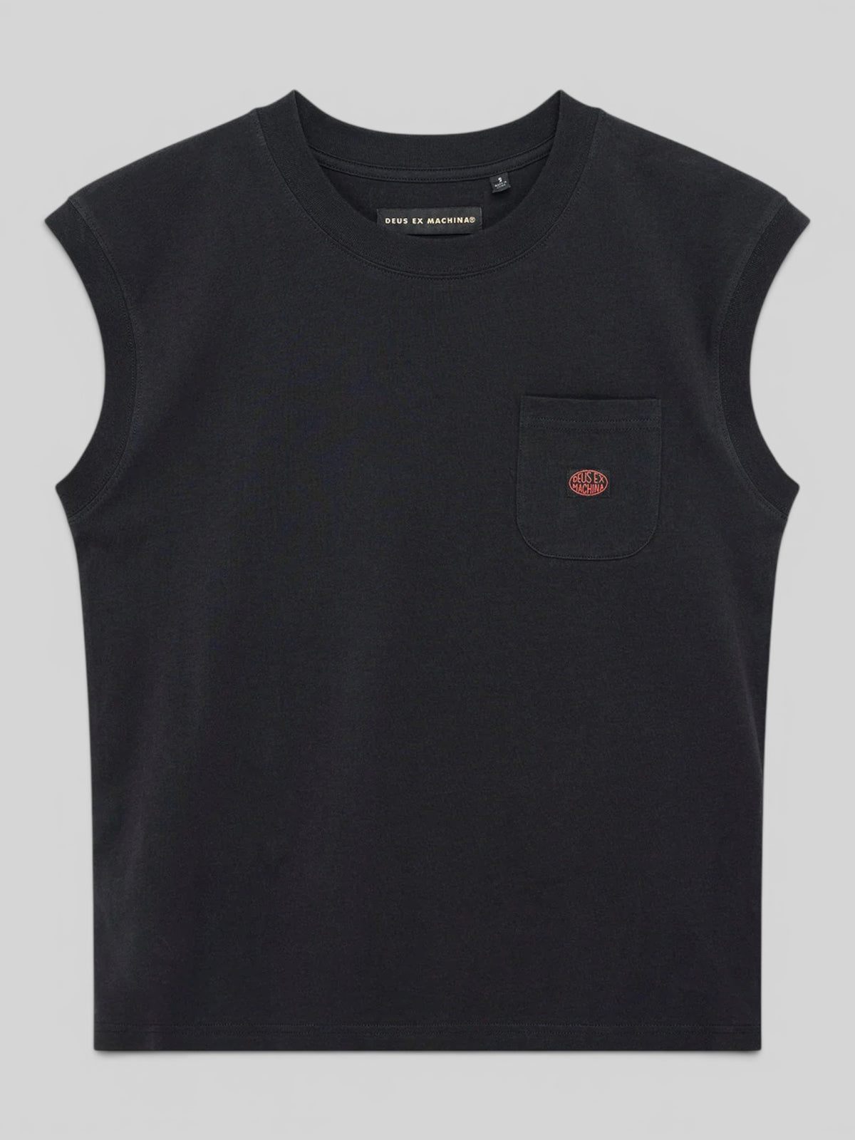 Baffle Haus Christine black cap sleeve tank top with a chest pocket and ribbed neckline in recycled cotton blend