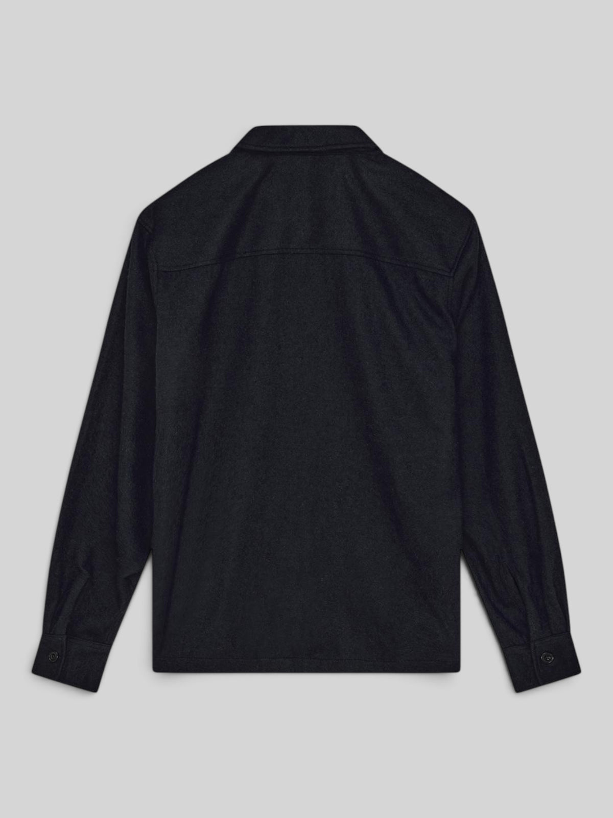 Back view of the Baffle Haus Clayton black wool-blend long sleeve shirt with a regular fit and buttoned cuffs.